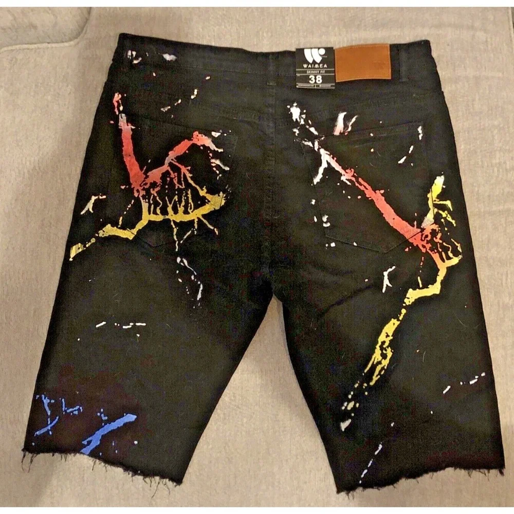 Waimea Men's 38 Skinny Fit Black Splatter Denim Shorts Distressed Fray Hem NWT
